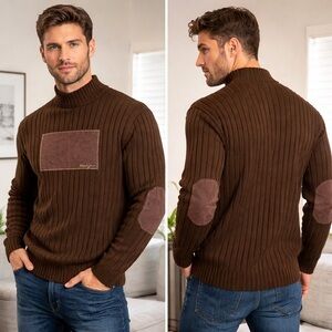 Vintage Y2K Clench Jeans Ribbed Sweater XL Brown Mock Neck Suede Elbow Patches